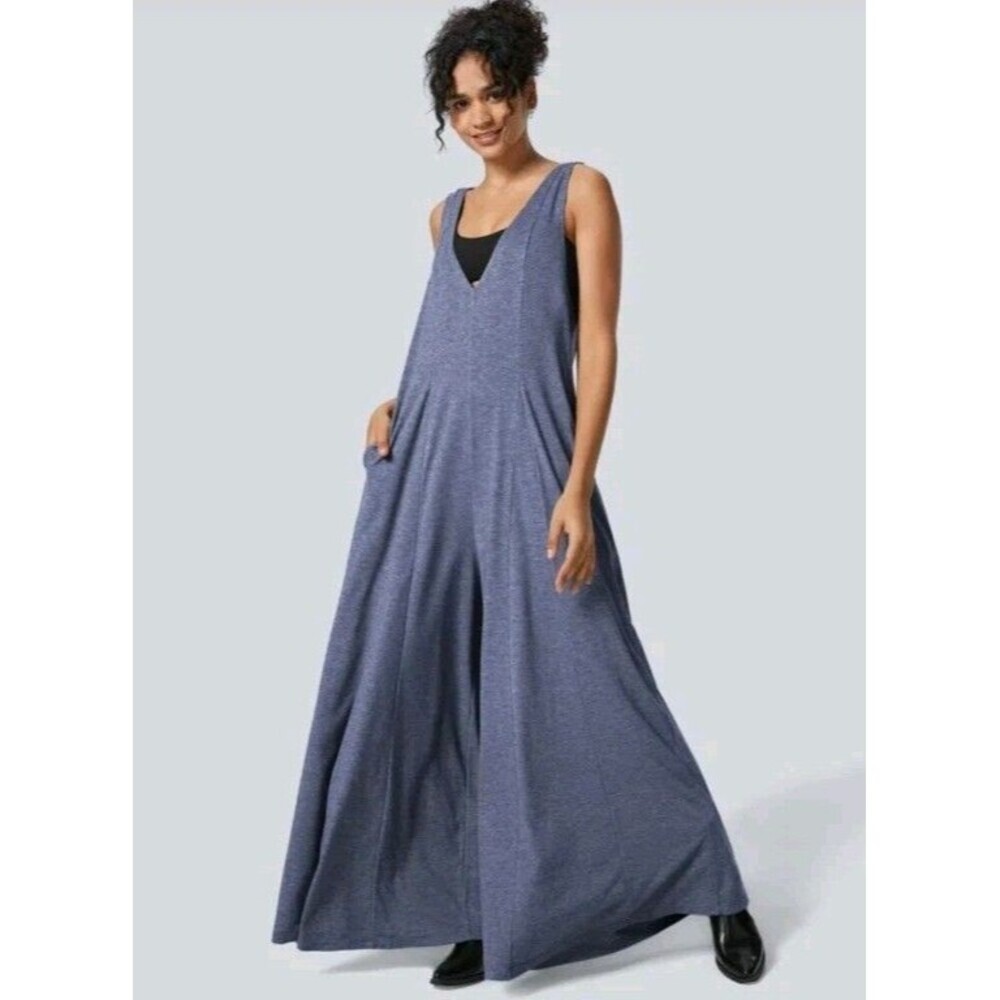 Halara Womens XS VNeck Side Pockets Draped Wide Leg Blue Flowy Jumpsuit Oversize - Picture 3 of 10